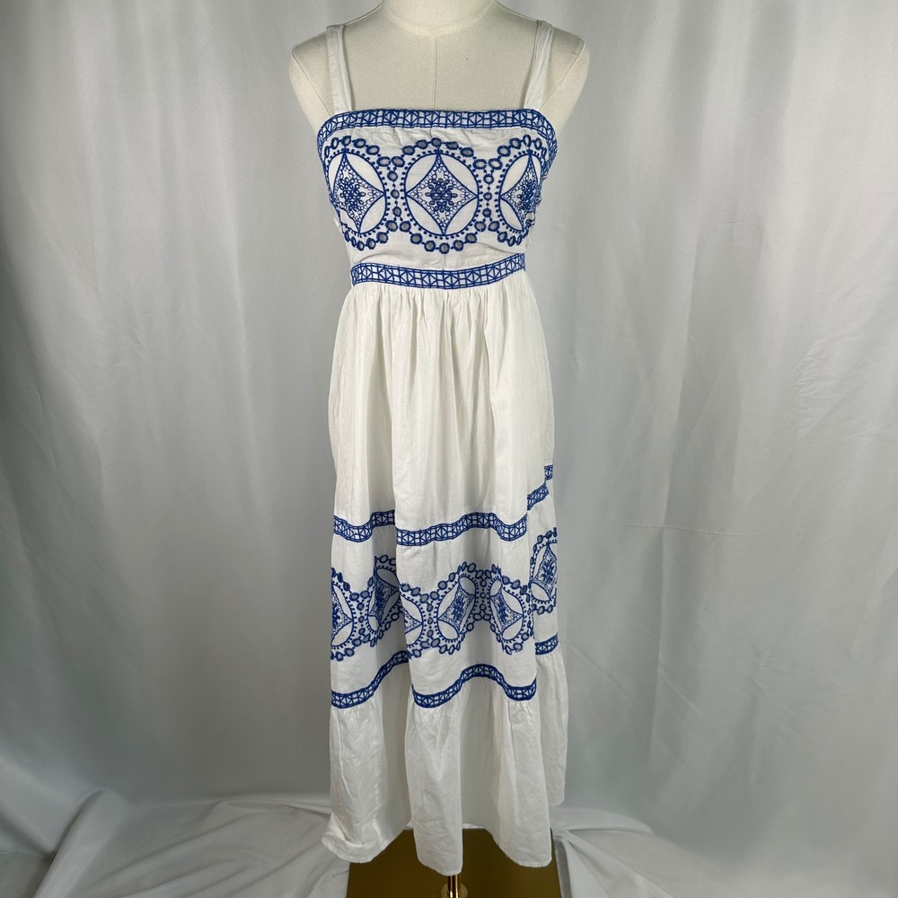 NAOO Cotton Eyelet Midi Dress Women S White Blue Embroidered Sundress Smocked